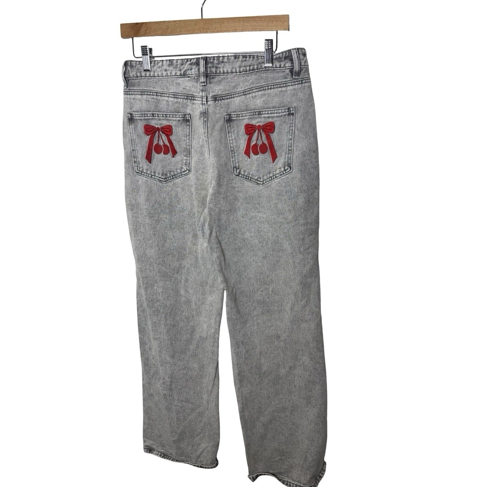 Ashley Mason Gray Stonewash Red Ribbons Cherry Pockets Jeans Size 5/27